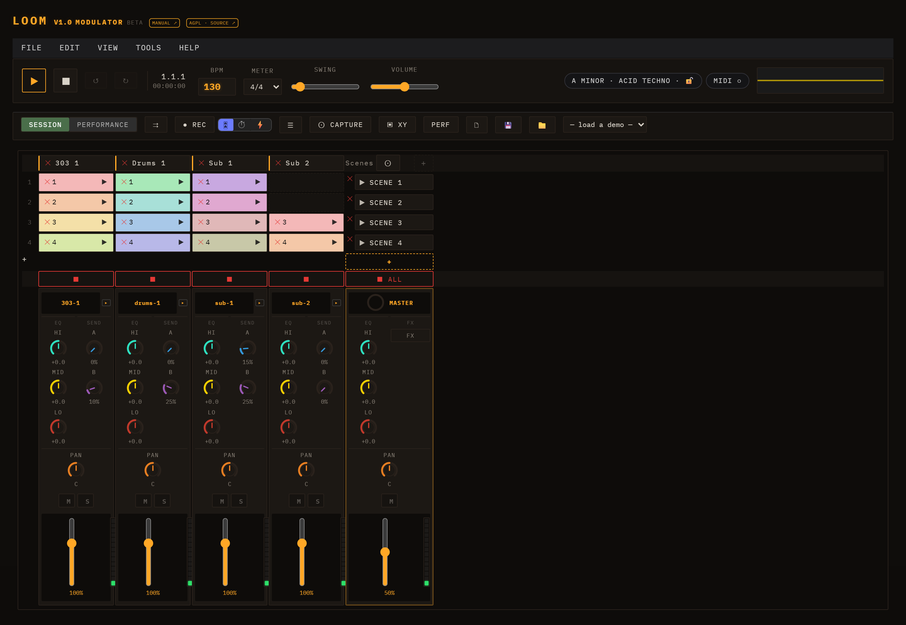 Loom — the full application: transport bar, session grid, and channel strips