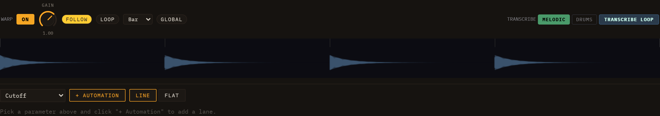 The audio-clip editor: the Warp toggle and the waveform header