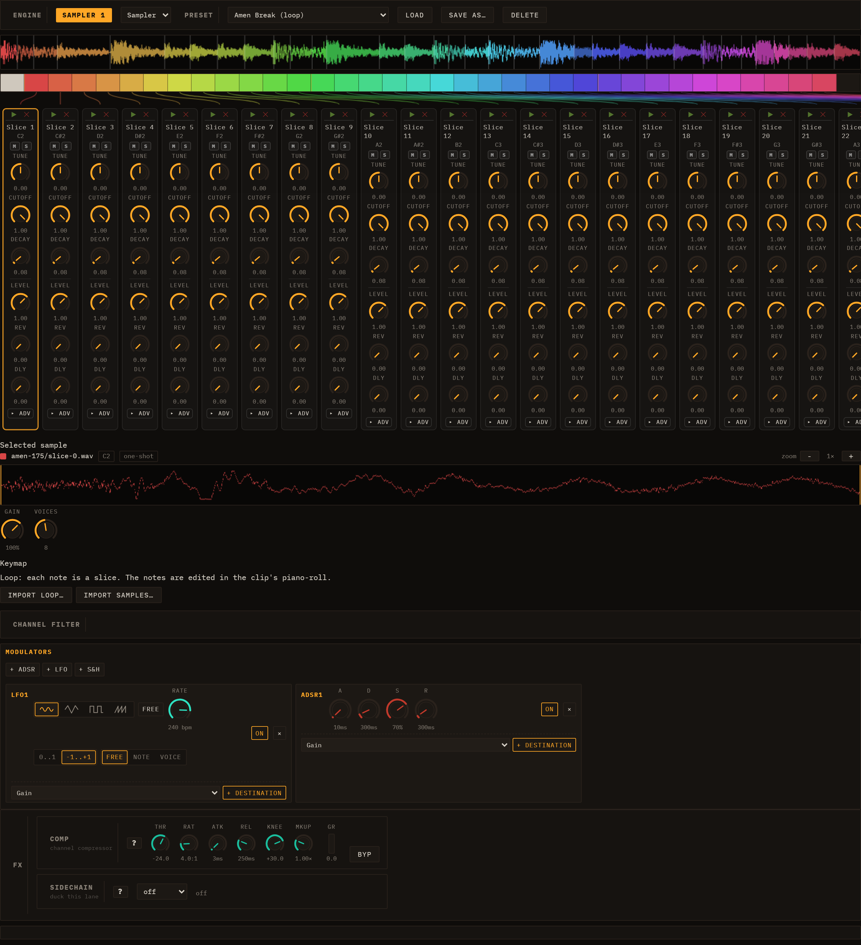A Sampler Loop instrument: the whole-loop overview above the per-slice strips