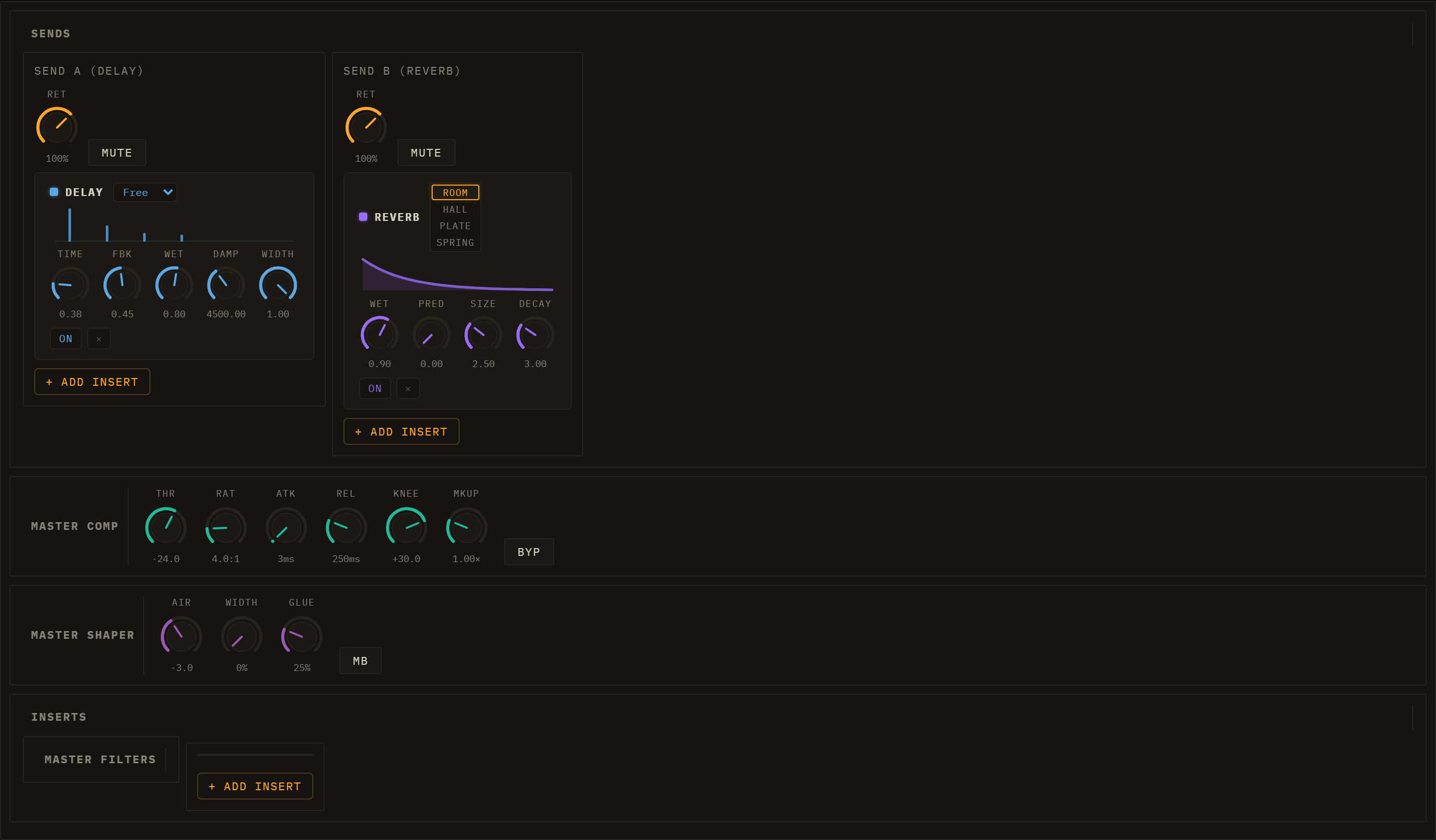 Loom Master FX panel — SENDS, MASTER COMP, and INSERTS sections