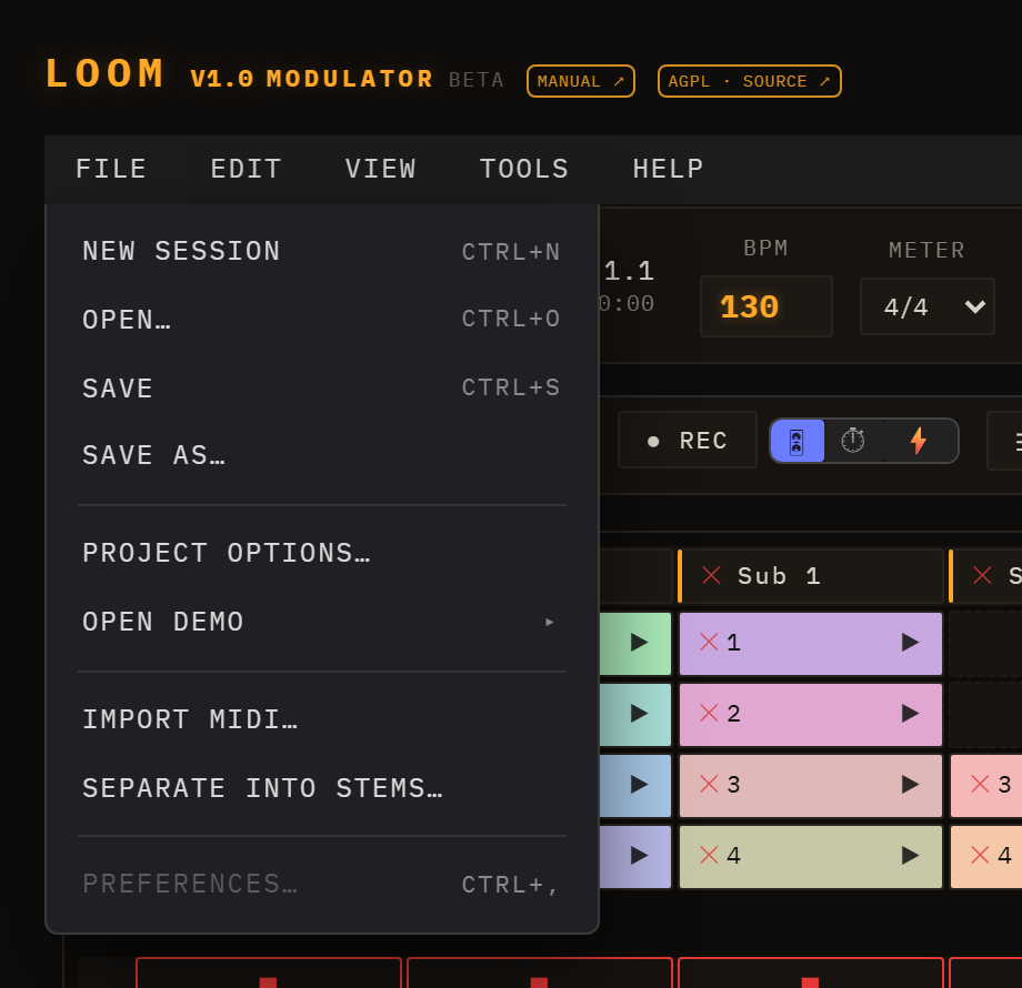 The menu bar with the File menu open