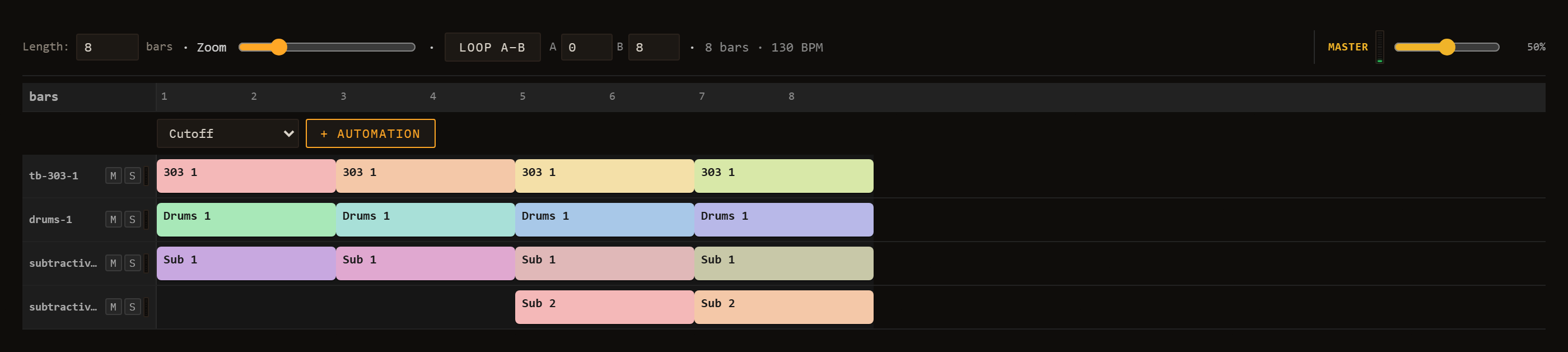Performance view — timeline with clip bands and automation curves