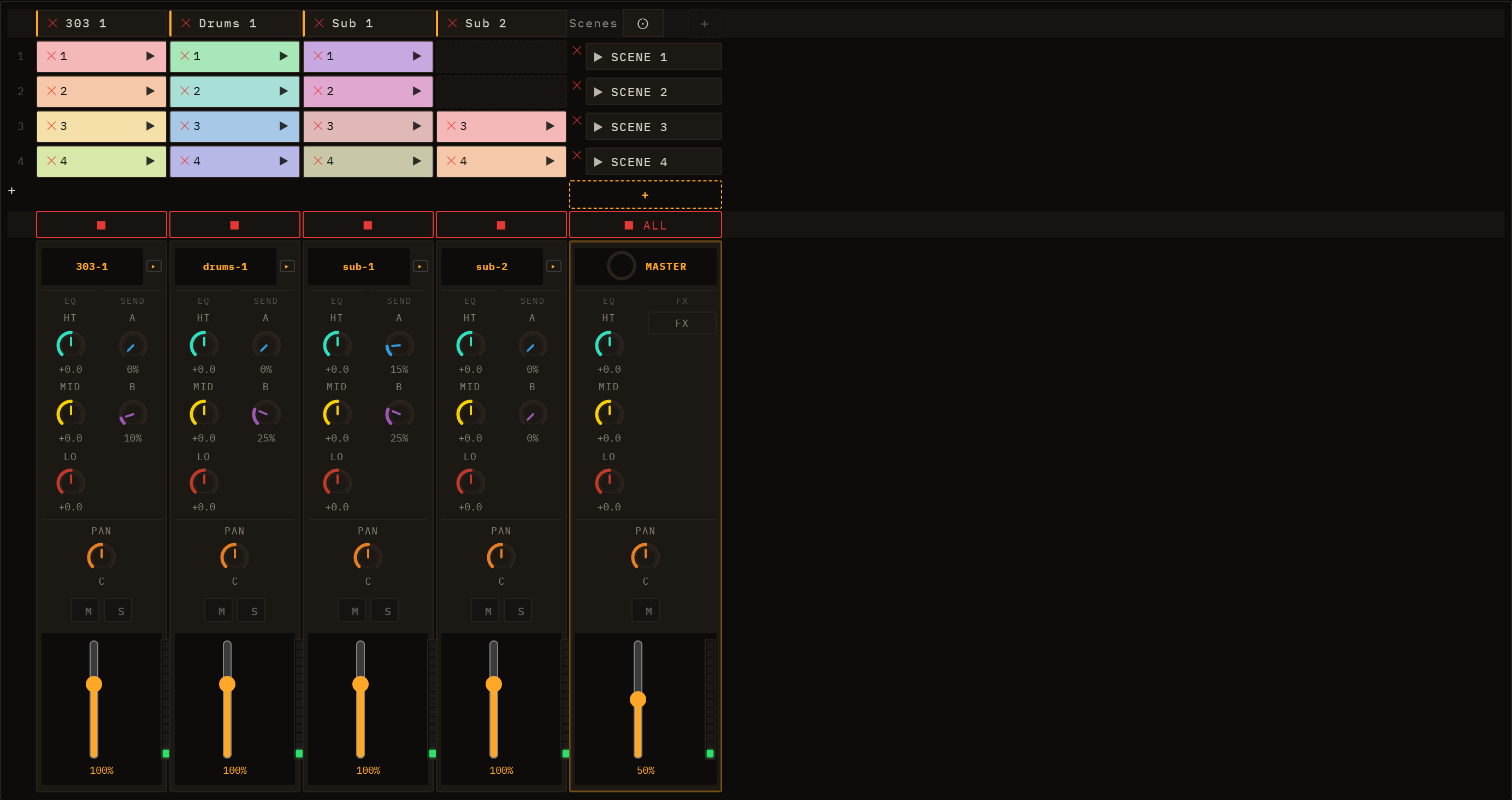 The session clip grid showing four lanes across four scenes with coloured clips